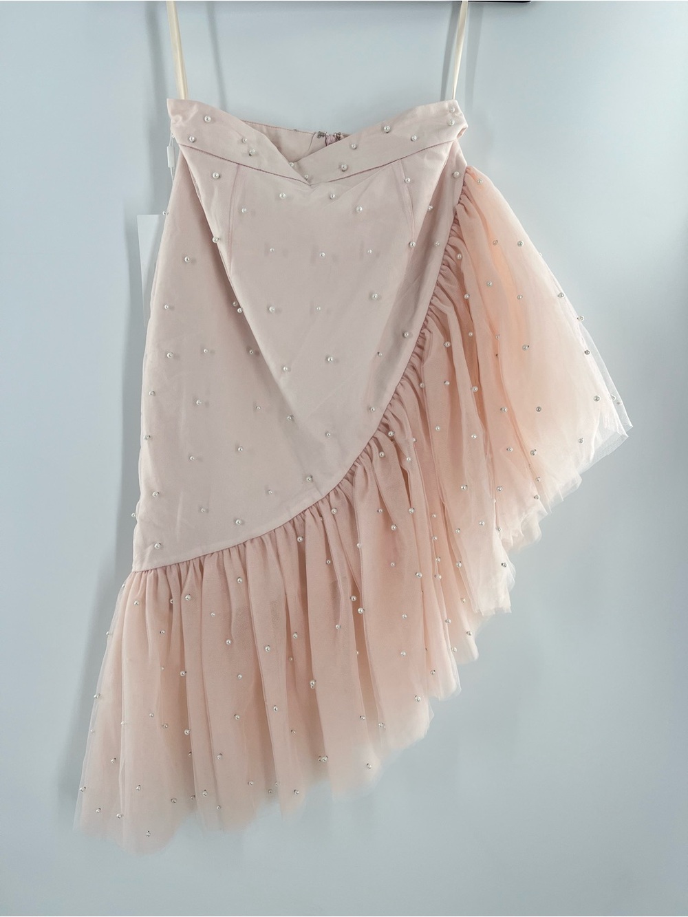 NWT Mac Duggal Blush Pink Tulle Asymmetrical Faux Pearl Skirt XS